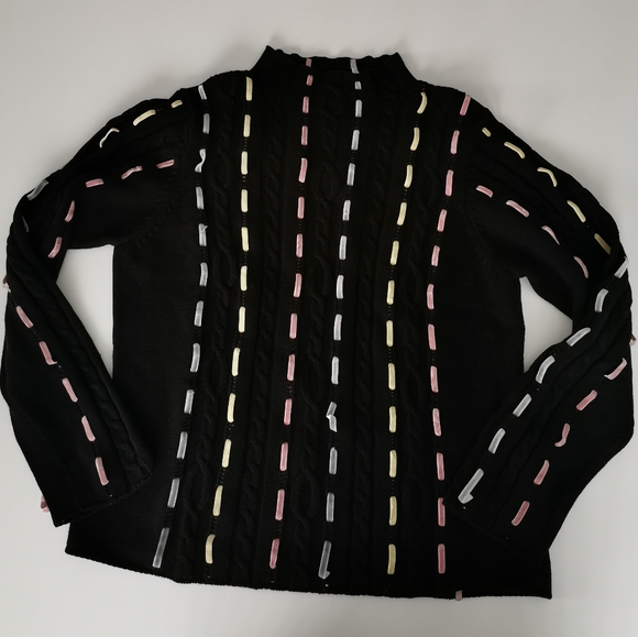 Spanner Black Multi Colour Velvet Ribbon Detail Mock Neck Cable Knit Sweater - Picture 2 of 6